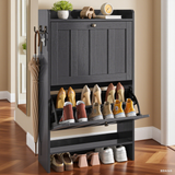 Asofer Shoe Cabinet with 2 Flip-Down Drawers & Open Storage – Freestanding Narrow Entryway for Hallway, Closet, Dorm, Black