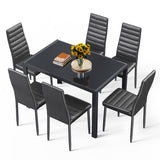 Asofer Modern 7-Piece Dining Set for 6, Tempered Glass Table & PU Leather Chairs, Space Saving Black Dinette for Kitchen & Apartment