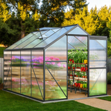 8x6 FT Greenhouse, Lofka Aluminum Frame Greenhouse with Roof Vent, Large Walk-In Greenhouse with Sliding Door, Rain Gutter & Roof Outdoors
