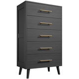 5 Drawer Dresser, Tall Chest of Drawers Nightstand Storage Tower Storage Wooden Dresser for Living Room, Bedroom, Hallway - Black