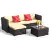 Patio Furniture Set, Aiho 5 Pieces Wicker Outdoor Sectional Sofa with Glass Coffee Table & Soft Cushions for Patio, Backyard, Beige