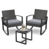 3-Piece Outdoor Rocking Chairs Set with Glass Coffee Table, Aiho Outdoor Patio Furniture Set with Soft Cushion for Garden, Backyard, Poolside, Balcony-Gray