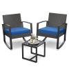 Aiho outdoor rocking chairs set of 3 with PE Wicker, All-Weather outdoor patio furniture set with a Tempered Glass Table and Soft cushions, For Outdoor Garden, Backyard, Poolside, Balcony, Patio and Porch-Blue