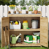 Outdoor Potting Bench with Metal Tabletop, Double Doors and Adjustable Shelf - Natural