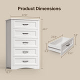 5 Drawer White Dresser, Tall Dresser for Bedroom, Modern Storage Cabinet Wood Chest of Drawers for Living Room