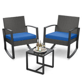 Aiho outdoor rocking chairs set of 3 with PE Wicker, All-Weather outdoor patio furniture set with a Tempered Glass Table and Soft cushions, For Outdoor Garden, Backyard, Poolside, Balcony, Patio and Porch-Blue
