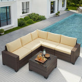 Aiho Outdoor Patio Furniture Set with All Weather Wicker, 6 Pieces Outdoor Sectional Sofa with Soft Cushions and Coffee Table, For Garden, Backyard, Poolside, Living Room, Patio, Porch and Balcony - Beige