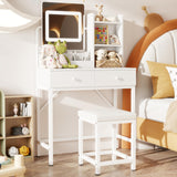 Aiho Makeup Vanity Desk with Vanity Stool, Storage Drawers and 3 Shelves, Vanity Desk with Square Mirror and Adjustable Lights, For Bedroom, Bathroom, Living Room and Closet Room-White