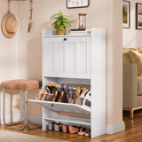 Aiho Shoe Storage Cabinet with 2 Flip Drawers, Narrow Shoe Cabinet with OPen Storage, Entryway Shoe Storage for Foyer, Hallway, Porch, Living Room, Balcony, Bedroom - White