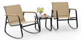 Aiho Outdoor Rocking Chairs Set of 3 with Breathable Textilene, Outdoor Patio Furniture Set with Tempered Glass Table, For Patio, Outdoor Garden, Lawns, Balcony, Backyard, Porch and Poolside-Brown