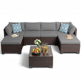 7 Pieces Outdoor Conversation Sectional Set, Patio Rattan Wicker Furniture Set with Pillows and Coffee Table for Garden, Backyard, Poolside, Lawn, Porch - Gray