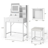 Aiho Makeup Vanity Desk with Vanity Stool, Storage Drawers and 3 Shelves, Vanity Desk with Square Mirror and Adjustable Lights, For Bedroom, Bathroom, Living Room and Closet Room-White