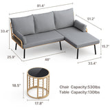 Aiho 3-Piece Outdoor Patio Conversation Set with All Weather PE Wicker, L-Shaped Outdoor Sectional Sofa with Soft Cushions & Glass Table, For Garden, Patio, Porch, Pool, Balcony, Backyard - Gray