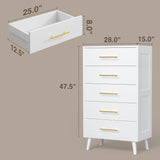 5 Drawer Dresser, Tall Chest of Drawers Nightstand Storage Tower Storage Wooden Dresser for Living Room, Bedroom, Hallway - White