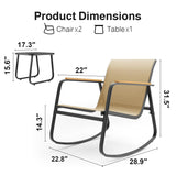 Aiho Outdoor Rocking Chairs Set of 3 with Breathable Textilene, Outdoor Patio Furniture Set with Tempered Glass Table, For Patio, Outdoor Garden, Lawns, Balcony, Backyard, Porch and Poolside-Brown