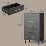 5 Drawer Dresser, Tall Chest of Drawers Nightstand Storage Tower Storage Wooden Dresser for Living Room, Bedroom, Hallway - Black
