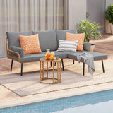 Aiho 3-Piece Outdoor Patio Conversation Set with All Weather PE Wicker, L-Shaped Outdoor Sectional Sofa with Soft Cushions & Glass Table, For Garden, Patio, Porch, Pool, Balcony, Backyard - Gray