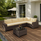 6-Piece Outdoor Patio Furniture Set, Pe Rattan Wicker Patio Sectional Conversation Sofa with Coffee Table for Garden, Backyard, Poolside, Lawn, Porch - Beige