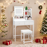 Aiho Makeup Vanity Desk with Vanity Stool, Storage Drawers and 3 Shelves, Vanity Desk with Square Mirror and Adjustable Lights, For Bedroom, Bathroom, Living Room and Closet Room-White