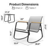 Aiho Outdoor Rocking Chairs Set of 3 with Breathable Textilene, Outdoor Patio Furniture Set with Tempered Glass Table, For Patio, Outdoor Garden, Lawns, Balcony, Backyard, Porch and Poolside-Gray