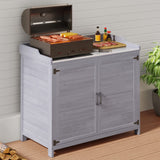 Outdoor Potting Bench with Metal Tabletop, Double Doors and Adjustable Shelf - Gray