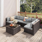 Aiho 7 Pieces Outdoor Sectional Sofa with Soft Cushions & Coffee Table, Pe Rattan Outdoor Patio Conversation Set, For Garden, Patio, Porch, Pool, Balcony, Backyard-Gray