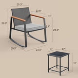 Aiho 3 Pieces Patio Furniture Set, Outdoor Wicker Rocking Chairs Set with Wooden Arm & Tea Table, Perfect for Garden, Yard, Gray