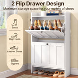 Aiho Shoe Storage Cabinet with 2 Flip Drawers, Narrow Shoe Cabinet with OPen Storage, Entryway Shoe Storage for Foyer, Hallway, Porch, Living Room, Balcony, Bedroom - White