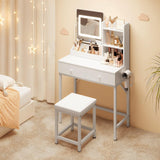 Aiho Makeup Vanity Desk with Vanity Stool, Storage Drawers and 3 Shelves, Vanity Desk with Square Mirror and Adjustable Lights, For Bedroom, Bathroom, Living Room and Closet Room-White