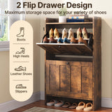 Aiho Shoe Storage Cabinet with 2 Flip Drawers, Narrow Shoe Cabinet with OPen Storage, Entryway Shoe Storage for Foyer, Hallway, Porch, Living Room, Balcony, Bedroom - Retro