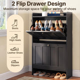 Aiho Shoe Storage Cabinet with 2 Flip Drawers, Narrow Shoe Cabinet with OPen Storage, Entryway Shoe Storage for Foyer, Hallway, Porch, Living Room, Balcony, Bedroom - Black