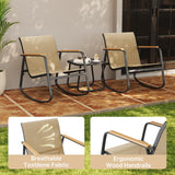 Aiho Outdoor Rocking Chairs Set of 3 with Breathable Textilene, Outdoor Patio Furniture Set with Tempered Glass Table, For Patio, Outdoor Garden, Lawns, Balcony, Backyard, Porch and Poolside-Brown