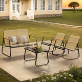 4 Piece Outdoor Rocking Bistro Set, Textilene Fabric Small Patio Furniture Set, Front Porch Rocker Chairs Conversation Set with Table for Lawn, Garden, Balcony, Poolside -Brown