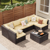 Aiho 7 Pieces Outdoor Sectional Sofa with Soft Cushions & Coffee Table, Pe Rattan Outdoor Patio Conversation Set, For Garden, Patio, Porch, Pool, Balcony, Backyard-Beige