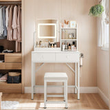Aiho Makeup Vanity Desk with Vanity Stool, Storage Drawers and 3 Shelves, Vanity Desk with Square Mirror and Adjustable Lights, For Bedroom, Bathroom, Living Room and Closet Room-White