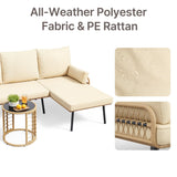 Aiho 3-Piece Outdoor Patio Conversation Set with All Weather PE Wicker, L-Shaped Outdoor Sectional Sofa with Soft Cushions & Glass Table, For Garden, Patio, Porch, Pool, Balcony, Backyard - Beige