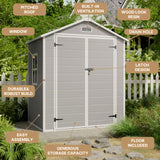 Aiho 6 X 4.4 Ft Outdoor Storage Shed, All Weather Resin Shed with Lockable Doors and Heavy Duty Floors, Perfect for Backyard, Garden, Gray