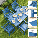 7-Piece HIPS Patio Furniture Set with Umbrella Hole, Outdoor Dining Set for 6, Patio Table and Chairs set for Patio, Lawn, Backyard, Garden, Poolside - Blue
