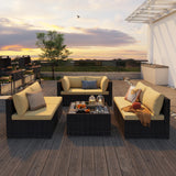 Aiho 7 Pieces Outdoor Sectional Sofa with Soft Cushions & Coffee Table, Pe Rattan Outdoor Patio Conversation Set, For Garden, Patio, Porch, Pool, Balcony, Backyard-Beige