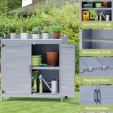 Outdoor Potting Bench with Metal Tabletop, Double Doors and Adjustable Shelf - Gray