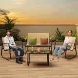 4 Piece Outdoor Rocking Bistro Set, Textilene Fabric Small Patio Furniture Set, Front Porch Rocker Chairs Conversation Set with Table for Lawn, Garden, Balcony, Poolside -Brown