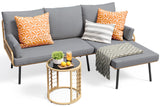 Aiho 3-Piece Outdoor Patio Conversation Set with All Weather PE Wicker, L-Shaped Outdoor Sectional Sofa with Soft Cushions & Glass Table, For Garden, Patio, Porch, Pool, Balcony, Backyard - Gray
