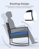 Aiho outdoor rocking chairs set of 3 with PE Wicker, All-Weather outdoor patio furniture set with a Tempered Glass Table and Soft cushions, For Outdoor Garden, Backyard, Poolside, Balcony, Patio and Porch-Blue