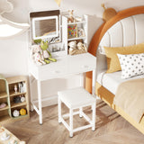 Aiho Makeup Vanity Desk with Vanity Stool, Storage Drawers and 3 Shelves, Vanity Desk with Square Mirror and Adjustable Lights, For Bedroom, Bathroom, Living Room and Closet Room-White