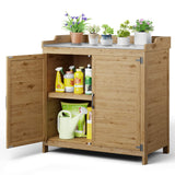 Outdoor Potting Bench with Metal Tabletop, Double Doors and Adjustable Shelf - Natural