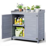 Outdoor Potting Bench with Metal Tabletop, Double Doors and Adjustable Shelf - Gray