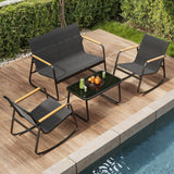 4-piece Rocking Patio Furniture Set, Patio Chairs Conversation Set with 1 Loveseat, 2 patio rocking chairs, 1 Tempered Glass Coffee Table for Lawn, Garden, Balcony, Poolside - Black