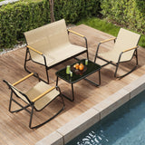 4-piece Rocking Patio Furniture Set, Patio Chairs Conversation Set with 1 Loveseat, 2 patio rocking chairs, 1 Tempered Glass Coffee Table for Lawn, Garden, Balcony, Poolside - Brown