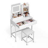 Aiho Makeup Vanity Desk with Vanity Stool, Storage Drawers and 3 Shelves, Vanity Desk with Square Mirror and Adjustable Lights, For Bedroom, Bathroom, Living Room and Closet Room-White
