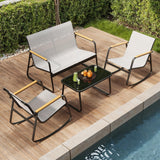 4-piece Rocking Patio Furniture Set, Patio Chairs Conversation Set with 1 Loveseat, 2 patio rocking chairs, 1 Tempered Glass Coffee Table for Lawn, Garden, Balcony, Poolside - Grey